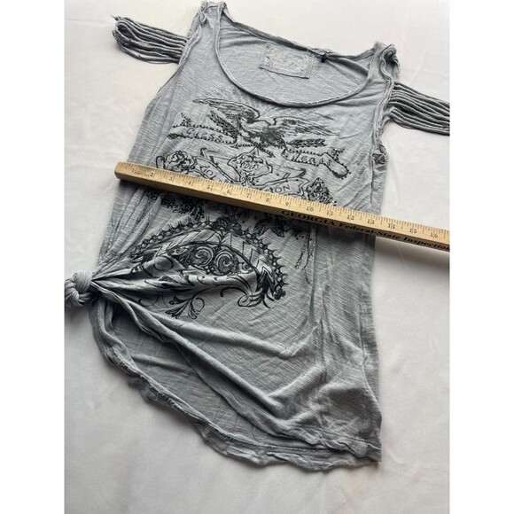 Guess Shirt Top Womens Medium Gray Knit Strappy Cold Shoulder Sleeve Scoop Neck - Picture 5 of 6